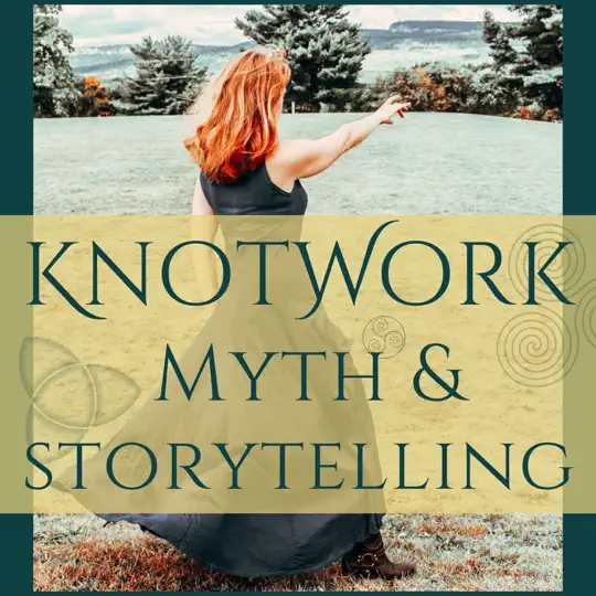 Logo for Knotwork Myth & Storytelling with a woman and nature background.
