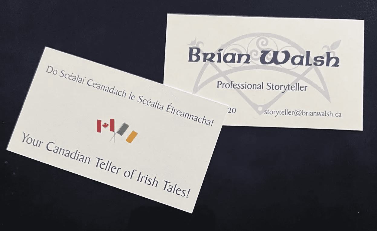 Business cards for a Canadian professional storyteller.